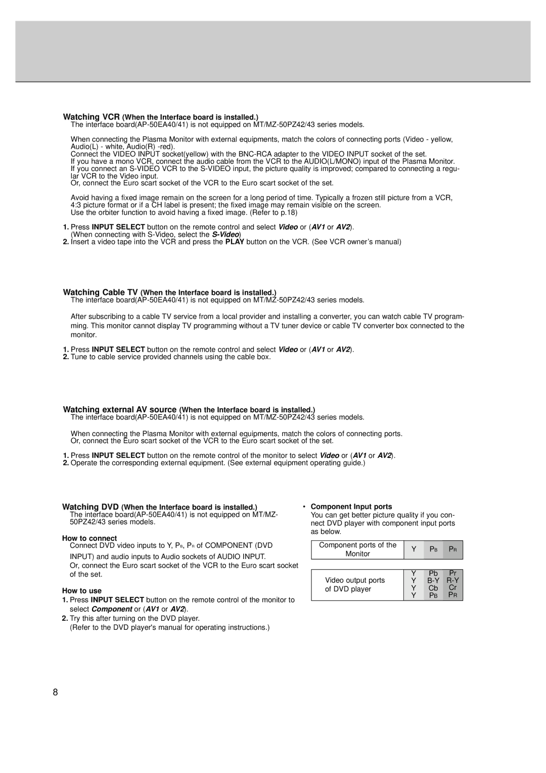 LG Electronics MT-50PZ40/, MT-50PZ41/, MT-50PZ43/, MZ-50PZ42/, MZ-50PZ43 How to connect, How to use, Component Input ports 