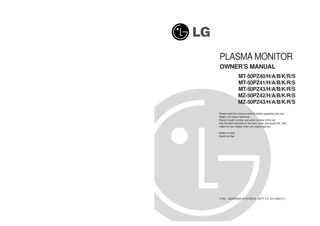 LG Electronics MT-50PZ40, MT-50PZ41, MT-50PZ43S, MZ-50PZ42, MZ-50PZ43 owner manual Plasma Monitor 