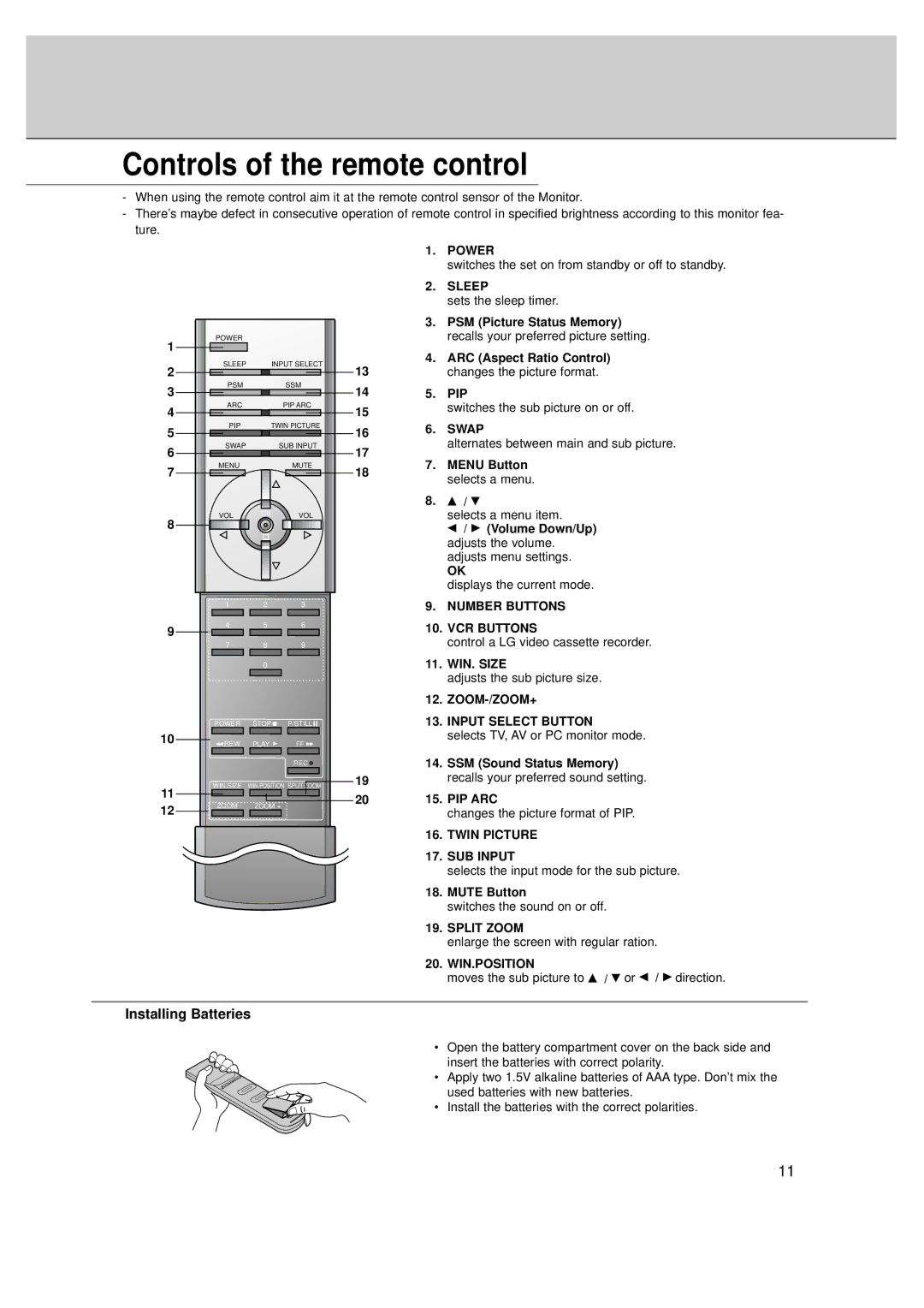 LG Electronics MT-50PZ40, MT-50PZ41, MT-50PZ43S, MZ-50PZ42, MZ-50PZ43 Controls of the remote control, Installing Batteries 