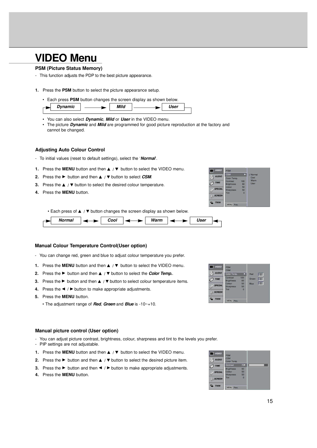 LG Electronics MT-50PZ40, MT-50PZ41, MT-50PZ43S, MZ-50PZ42, MZ-50PZ43 owner manual Video Menu, PSM Picture Status Memory 