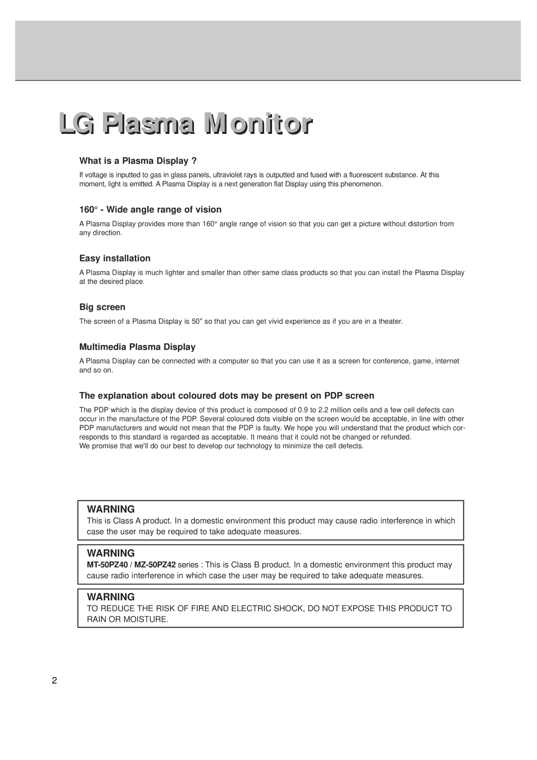 LG Electronics MT-50PZ40, MT-50PZ41, MT-50PZ43S, MZ-50PZ42, MZ-50PZ43 owner manual LG Plasma Monitor 