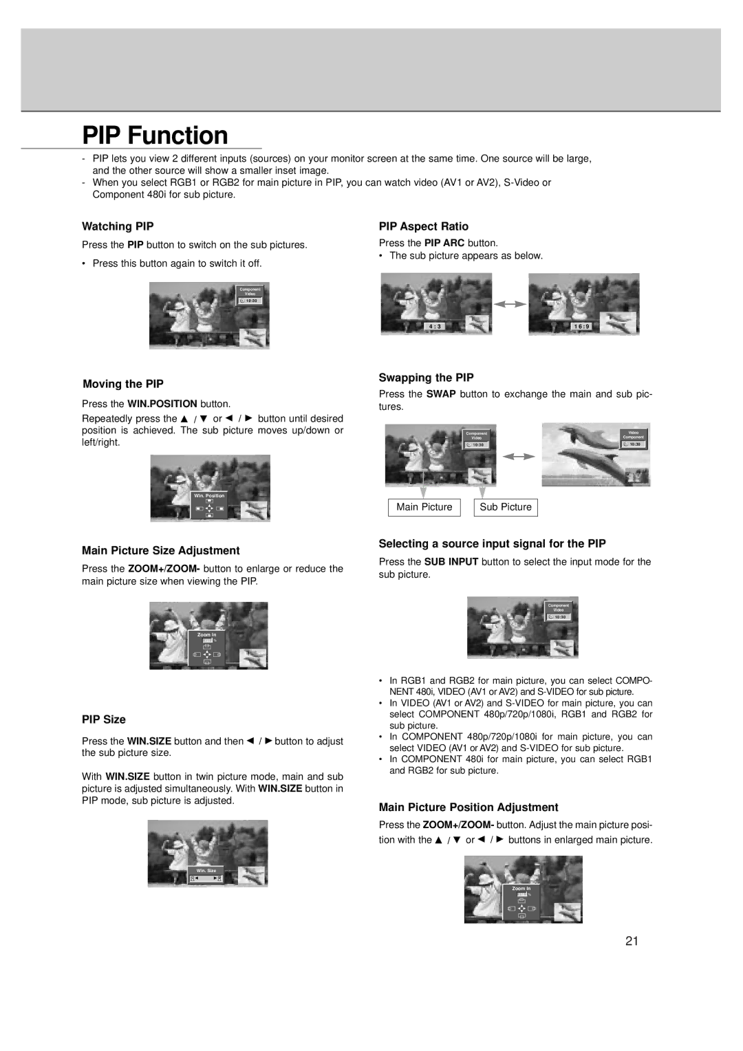 LG Electronics MT-50PZ40, MT-50PZ41, MT-50PZ43S, MZ-50PZ42, MZ-50PZ43 owner manual PIP Function 