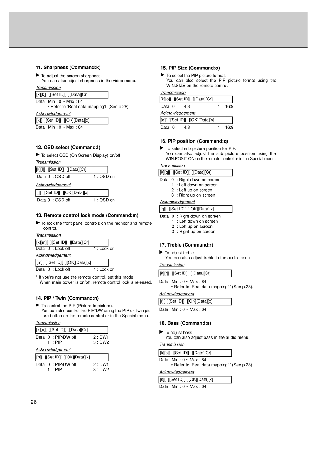 LG Electronics MT-50PZ40, MT-50PZ41, MT-50PZ43S, MZ-50PZ42, MZ-50PZ43 Sharpness Commandk, PIP Size Commando, Bass Commands 