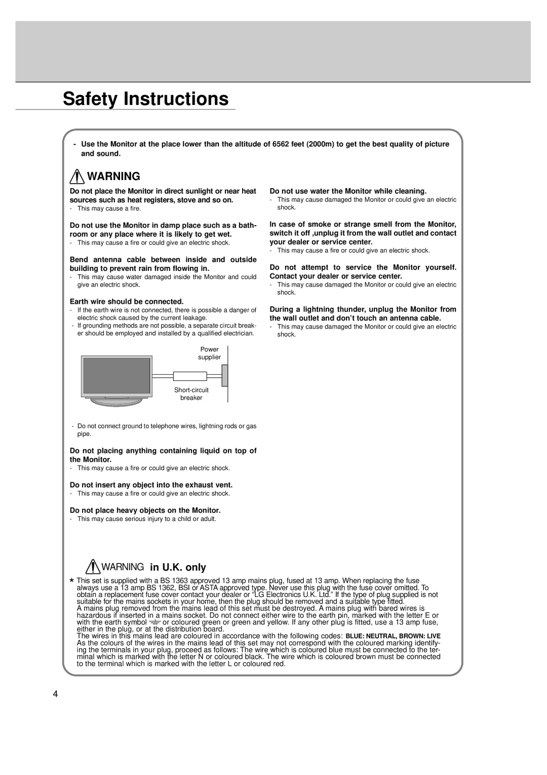 LG Electronics MT-50PZ40, MT-50PZ41, MT-50PZ43S, MZ-50PZ42, MZ-50PZ43 Safety Instructions, Earth wire should be connected 