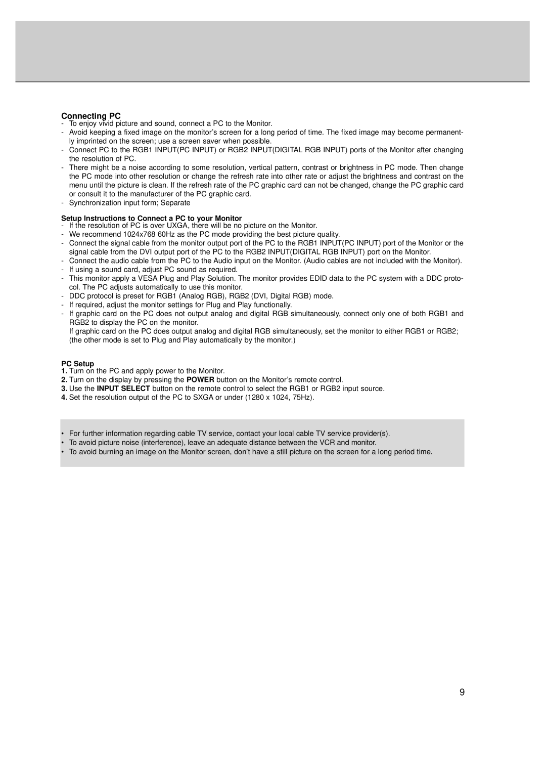 LG Electronics MT-50PZ40, MT-50PZ41, MT-50PZ43S, MZ-50PZ42, MZ-50PZ43 owner manual Connecting PC, PC Setup 