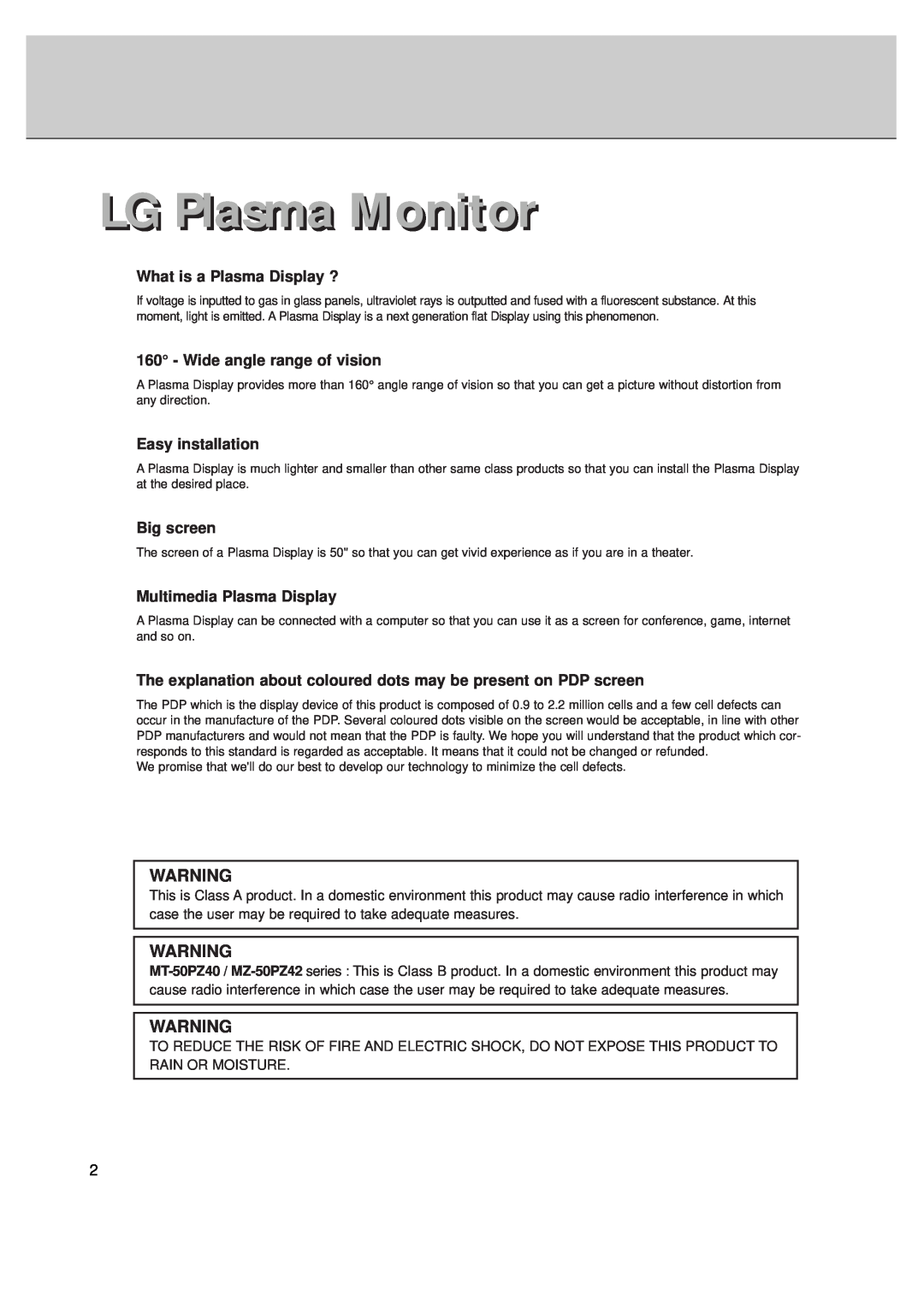 LG Electronics MT-50PZ40, MT-50PZ41, MT-50PZ43S, MZ-50PZ42, MZ-50PZ43 LG Plasma Monitor, What is a Plasma Display ? 