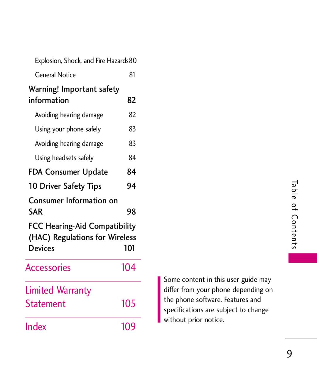 LG Electronics MT375 Accessories Limited Warranty Statement Index109, Information, FDA Consumer Update Driver Safety Tips 