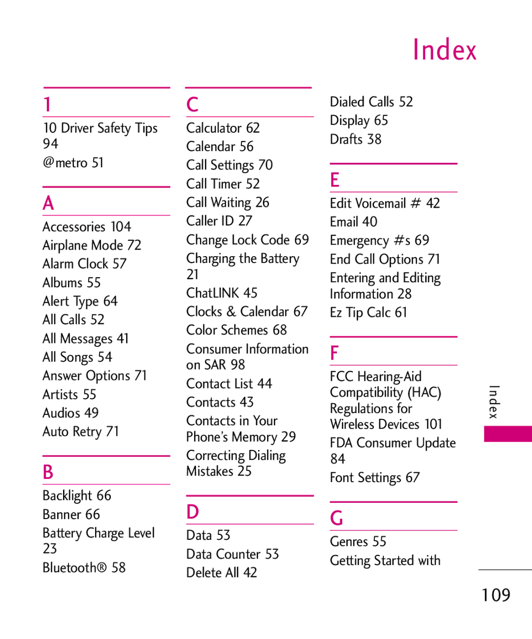 LG Electronics MT375 manual Index, Data Data Counter Delete All 