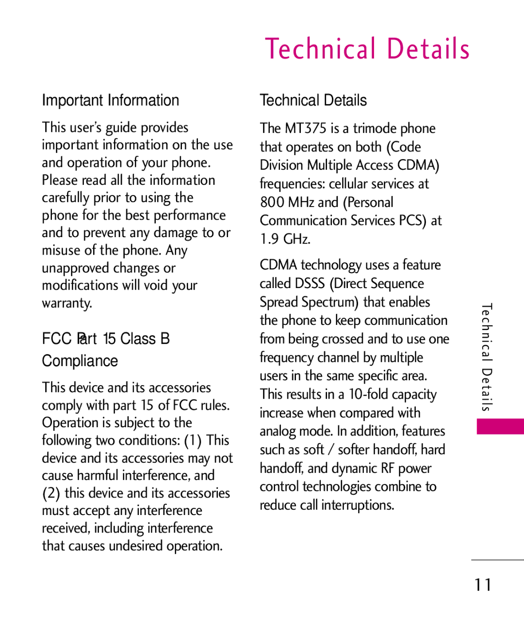 LG Electronics MT375 manual Important Information, FCC Part 15 Class B Compliance, Technical Details 