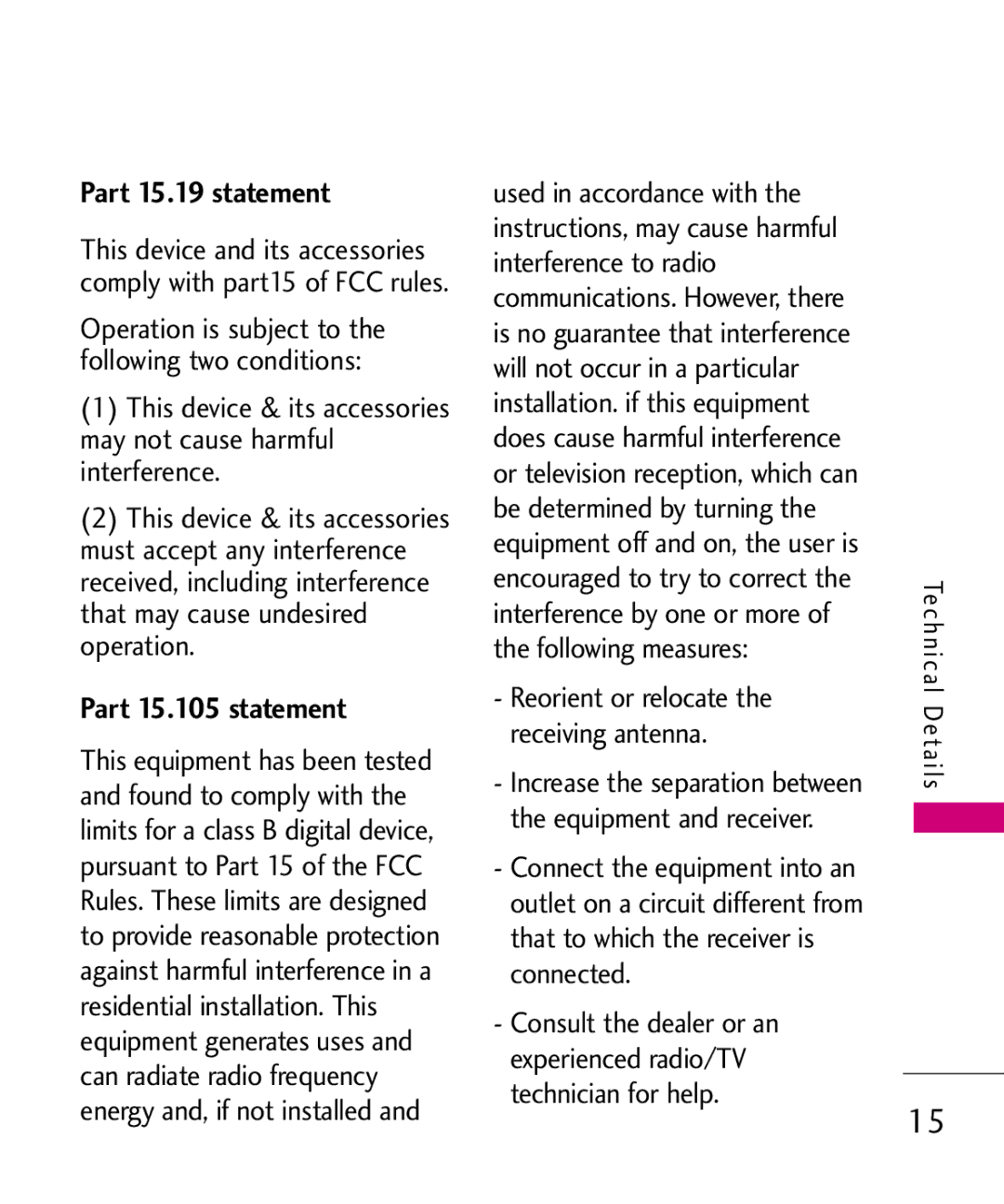 LG Electronics MT375 manual Part 15.19 statement, Part 15.105 statement, Operation 