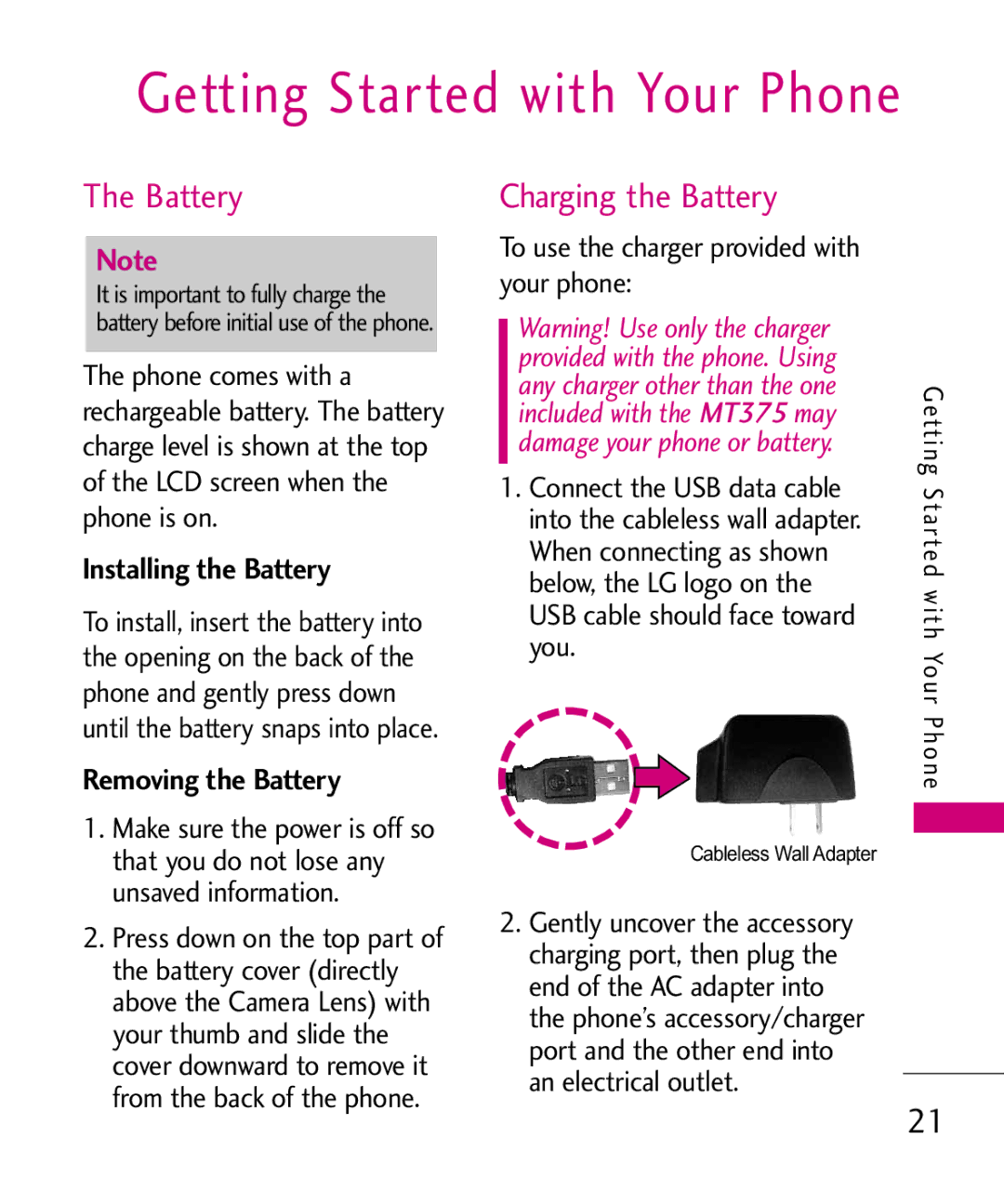 LG Electronics MT375 manual Getting Started with Your Phone, Installing the Battery, Removing the Battery 