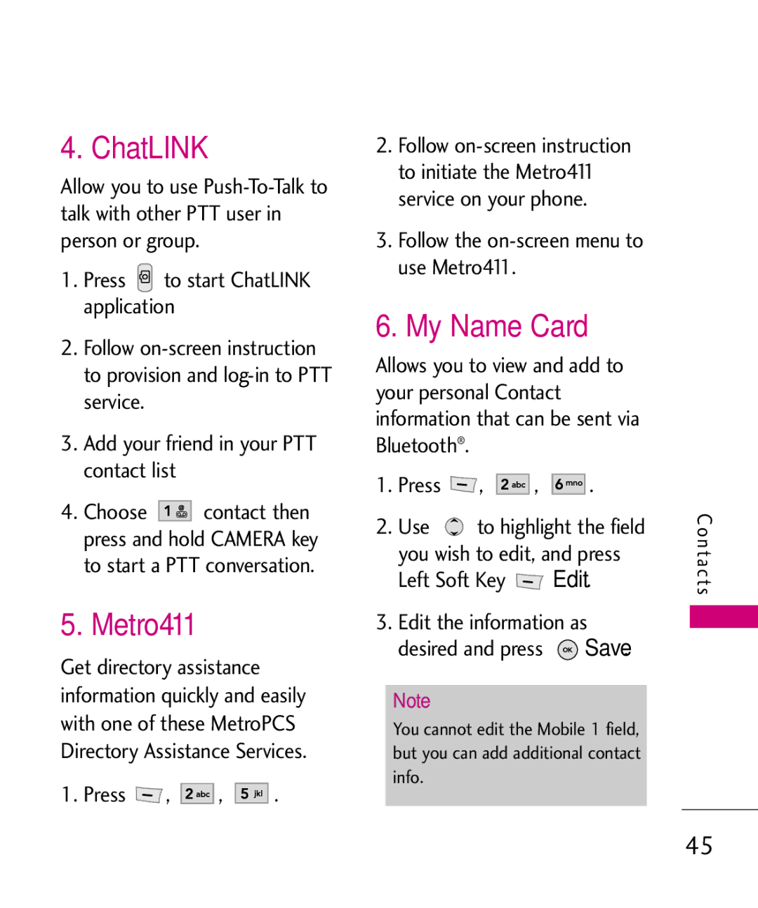 LG Electronics MT375 manual ChatLINK, Metro411, My Name Card 