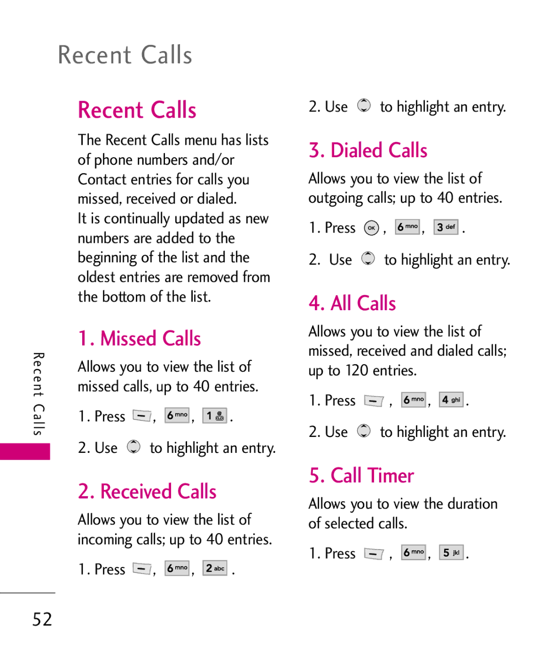 LG Electronics MT375 manual Recent Calls 