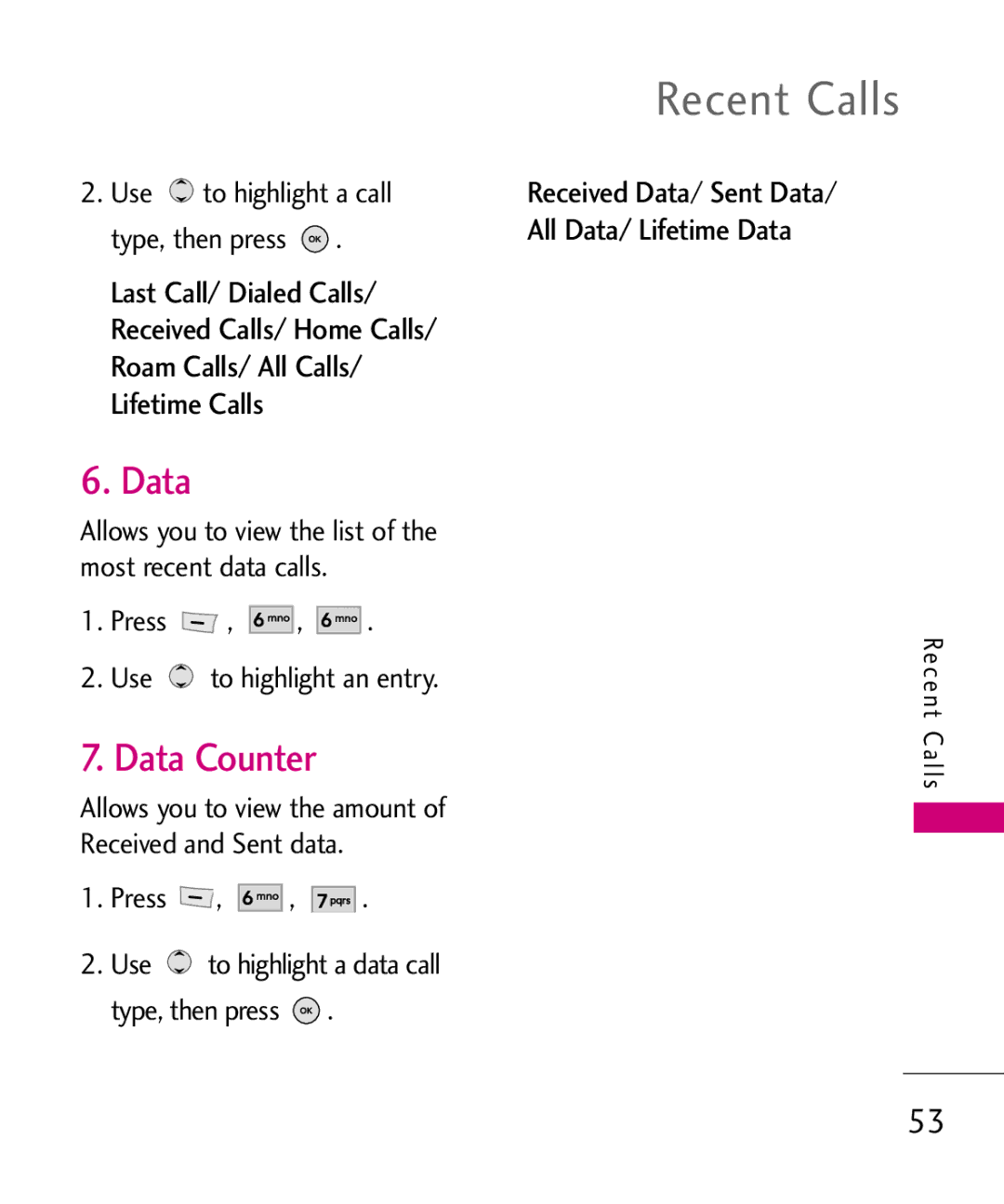 LG Electronics MT375 manual Data Counter, Received Data/ Sent Data All Data/ Lifetime Data 