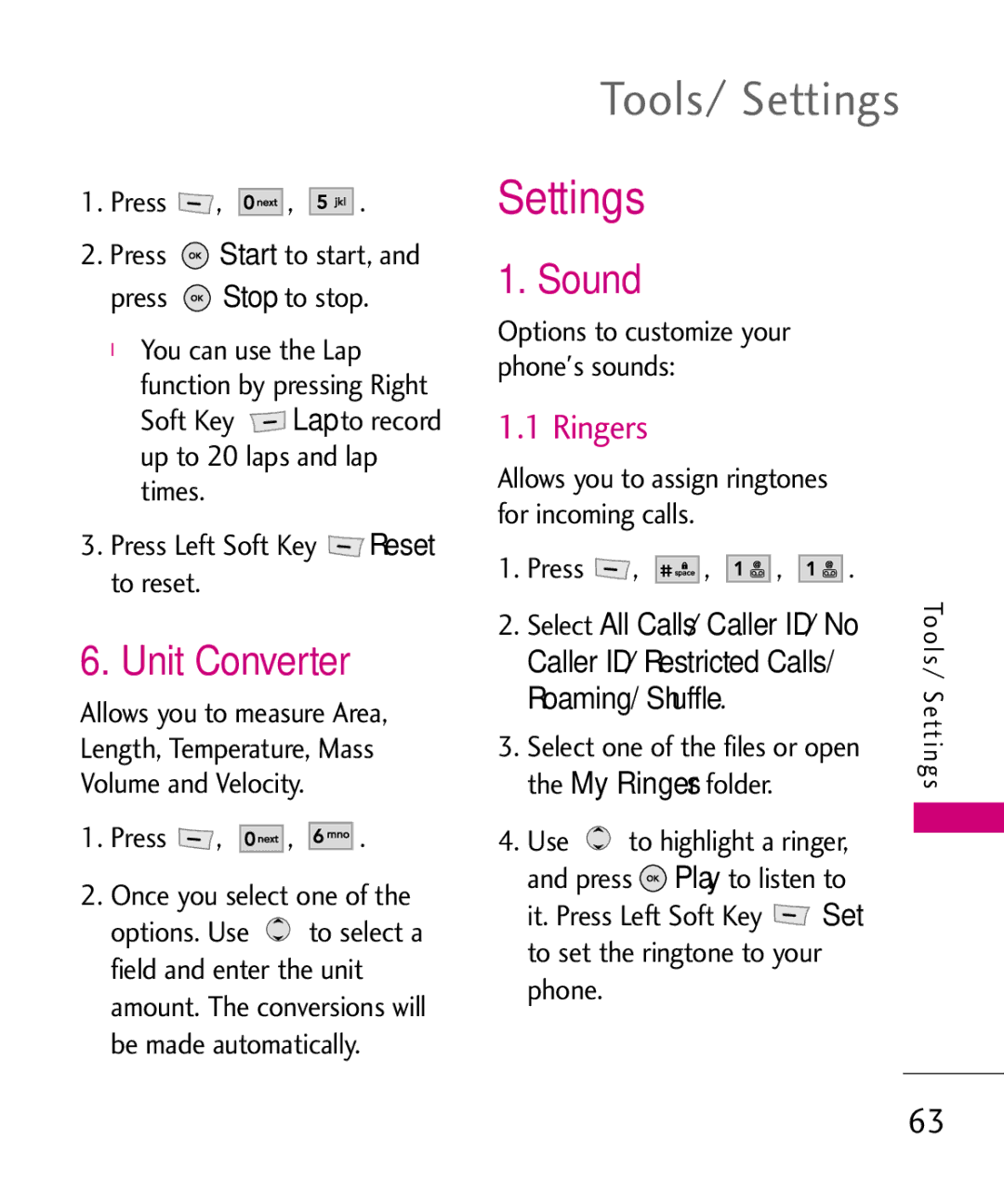 LG Electronics MT375 manual Tools/ Settings, Unit Converter, Sound, Ringers 