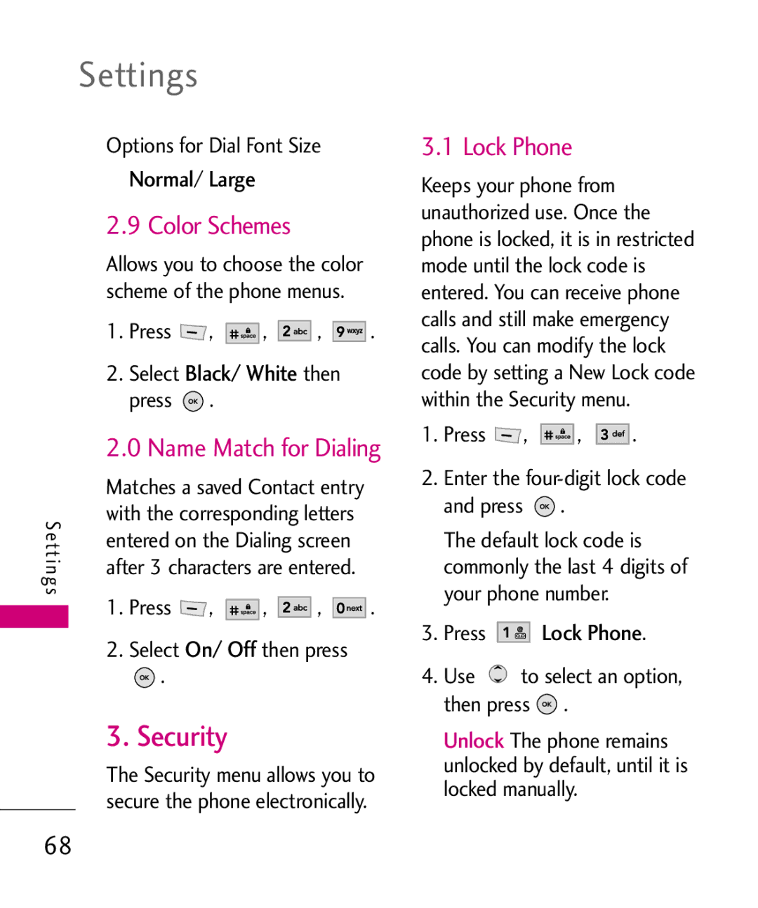 LG Electronics MT375 manual Security, Color Schemes, Name Match for Dialing, Lock Phone, Normal/ Large 