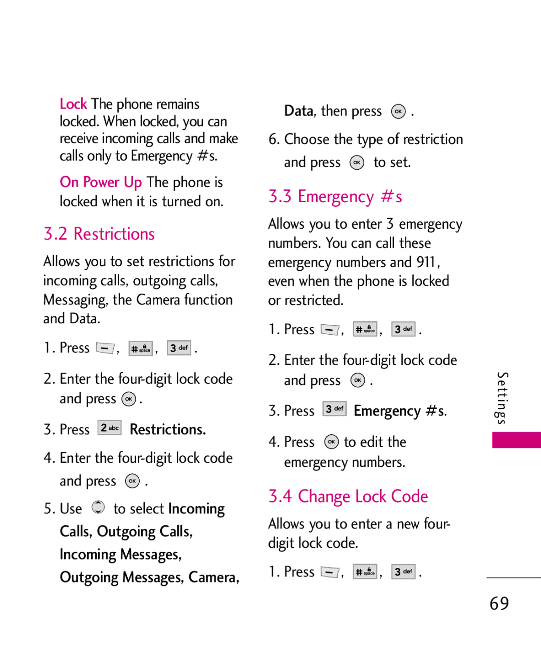 LG Electronics MT375 manual Restrictions, Emergency #s, Change Lock Code 