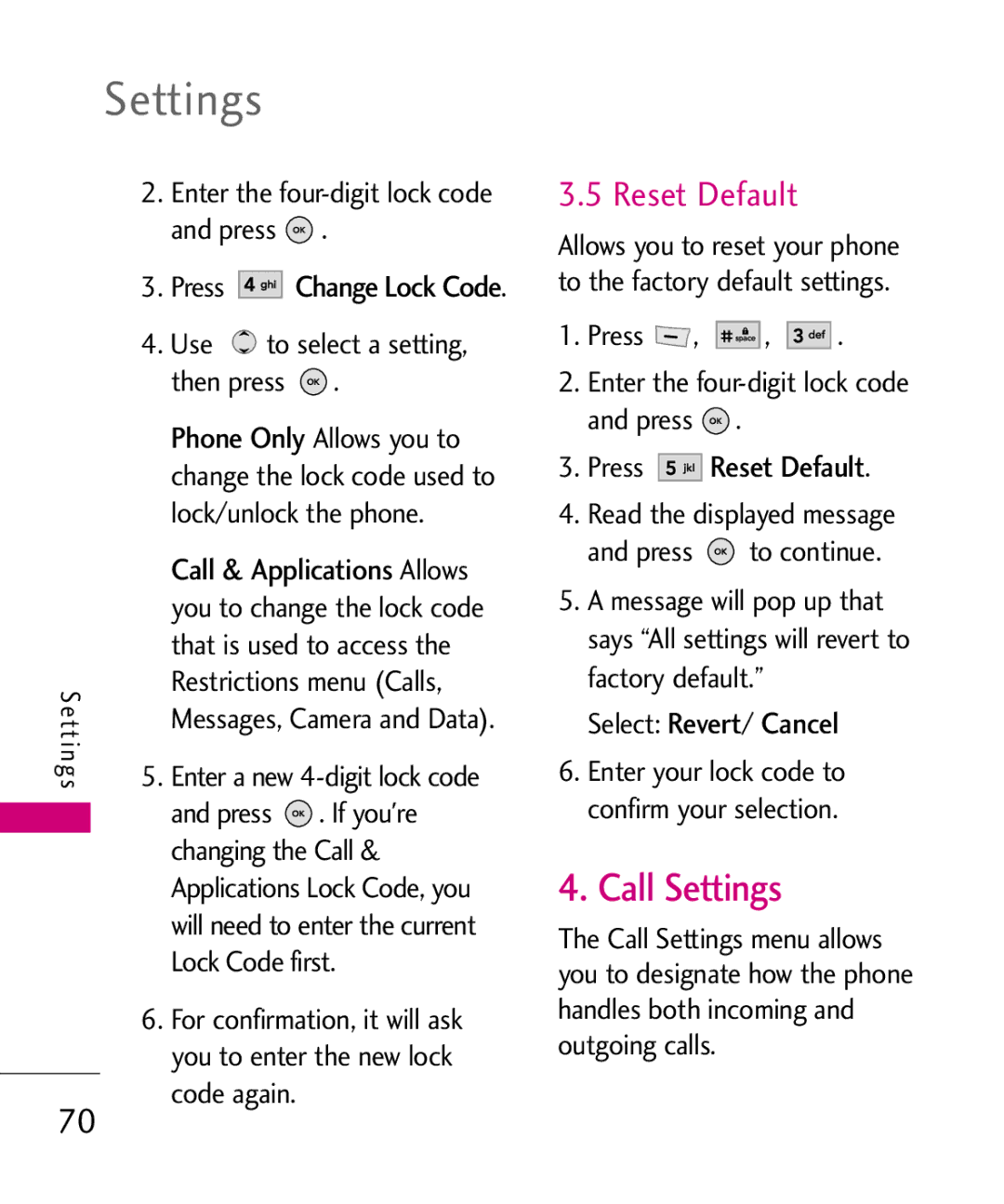 LG Electronics MT375 manual Call Settings, Reset Default 