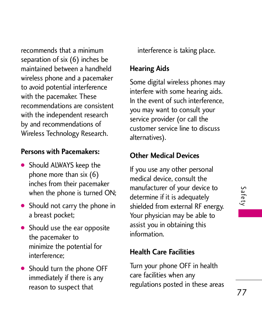 LG Electronics MT375 manual Persons with Pacemakers, Hearing Aids, Other Medical Devices, Health Care Facilities 