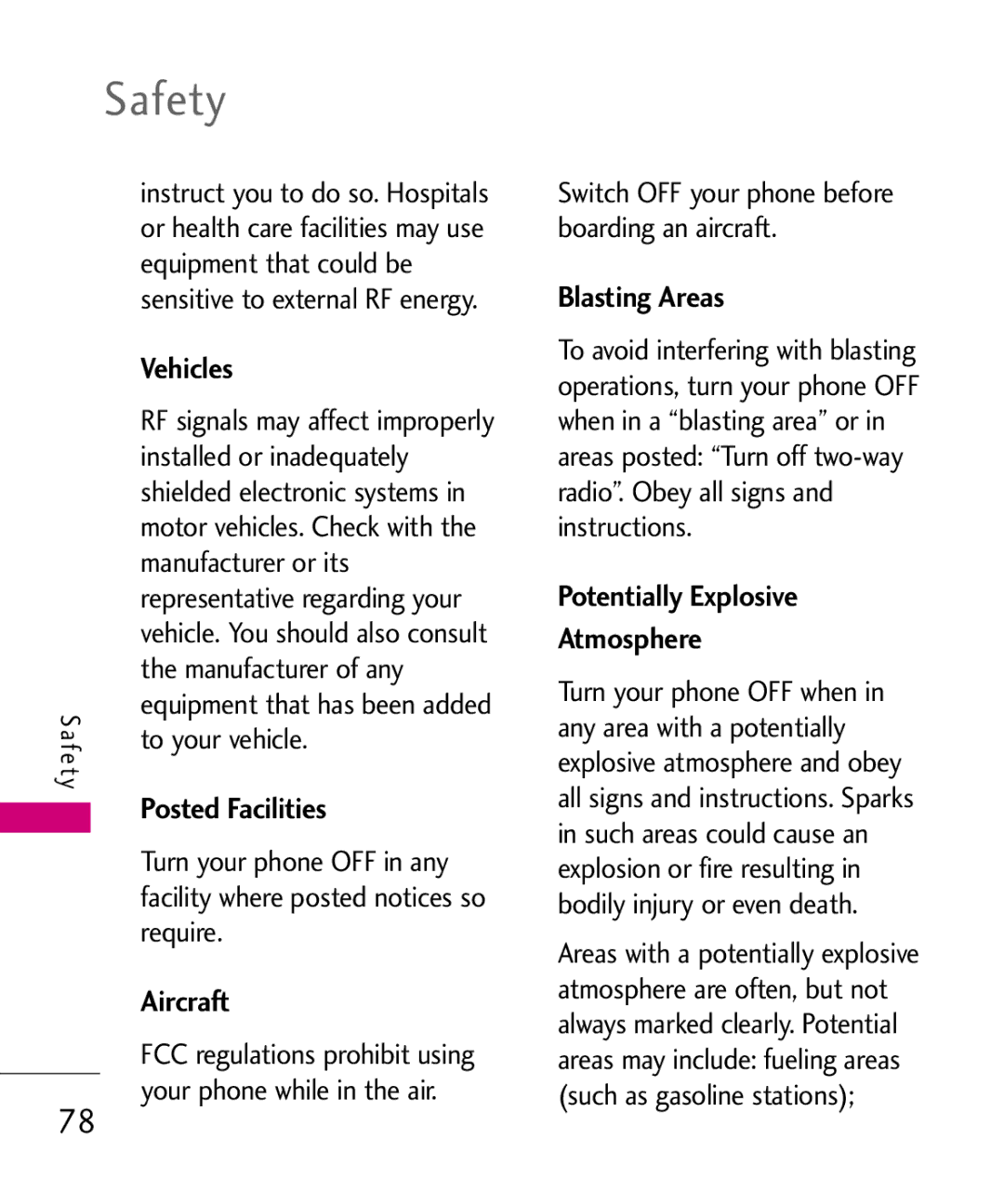 LG Electronics MT375 manual Vehicles, Posted Facilities, Aircraft, Blasting Areas, Potentially Explosive Atmosphere 