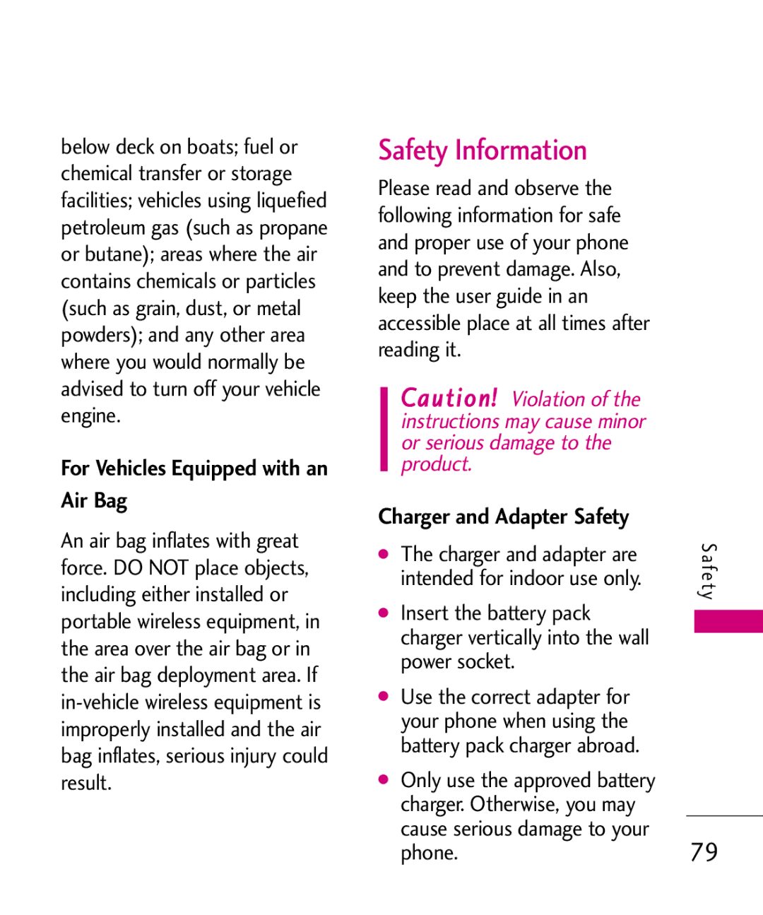 LG Electronics MT375 manual Safety Information, For Vehicles Equipped with an Air Bag 