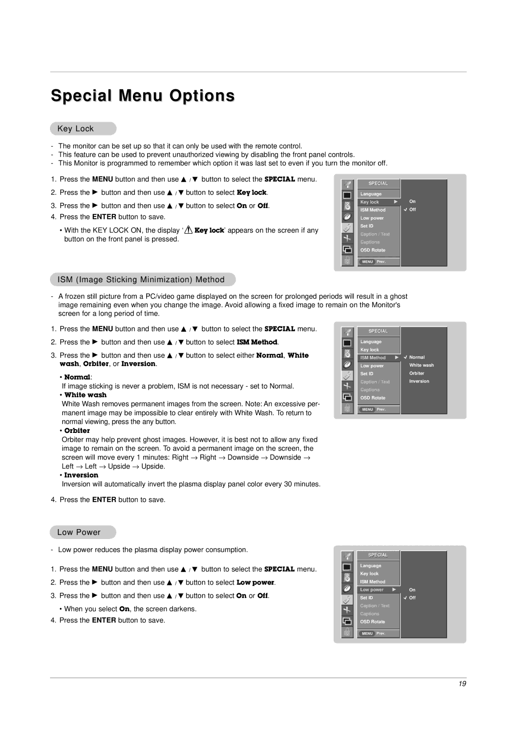 LG Electronics MU-42PZ90M, MU-42PZ44 Special Menu Options, Key Lock, ISM Image Sticking Minimization Method, Low Power 