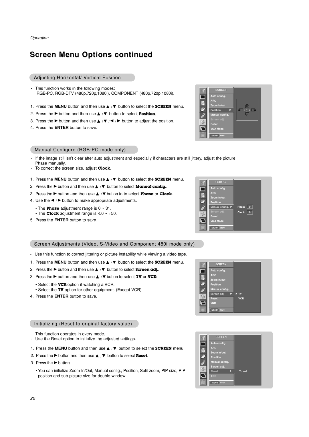 LG Electronics MU-42PZ90M, MU-42PZ44VR Adjusting Horizontal/ Vertical Position, Manual Configure RGB-PC mode only 