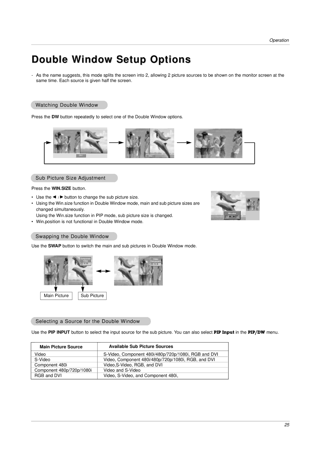 LG Electronics MU-42PZ44VB, MU-42PZ90M Double Window Setup Options, Watching Double Window, Sub Picture Size Adjustment 