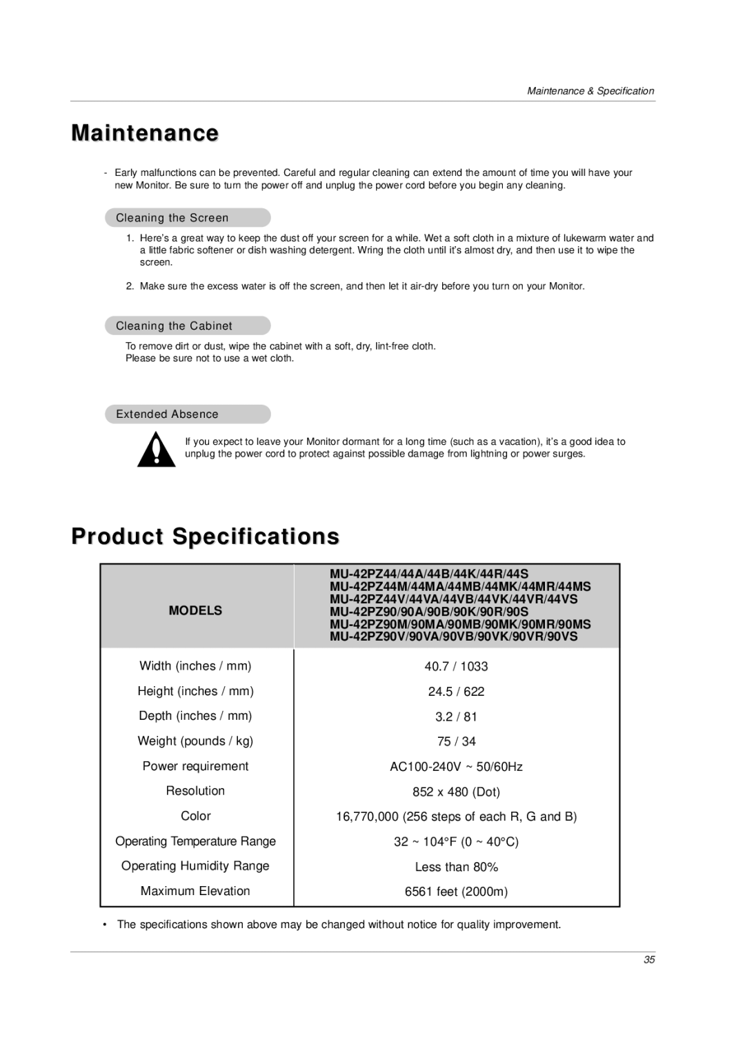 LG Electronics MU-42PZ44MK, MU-42PZ90M, MU-42PZ44VR, MU-42PZ44VA, MU-42PZ44VB, MU-42PZ44VK Maintenance, Product Specifications 