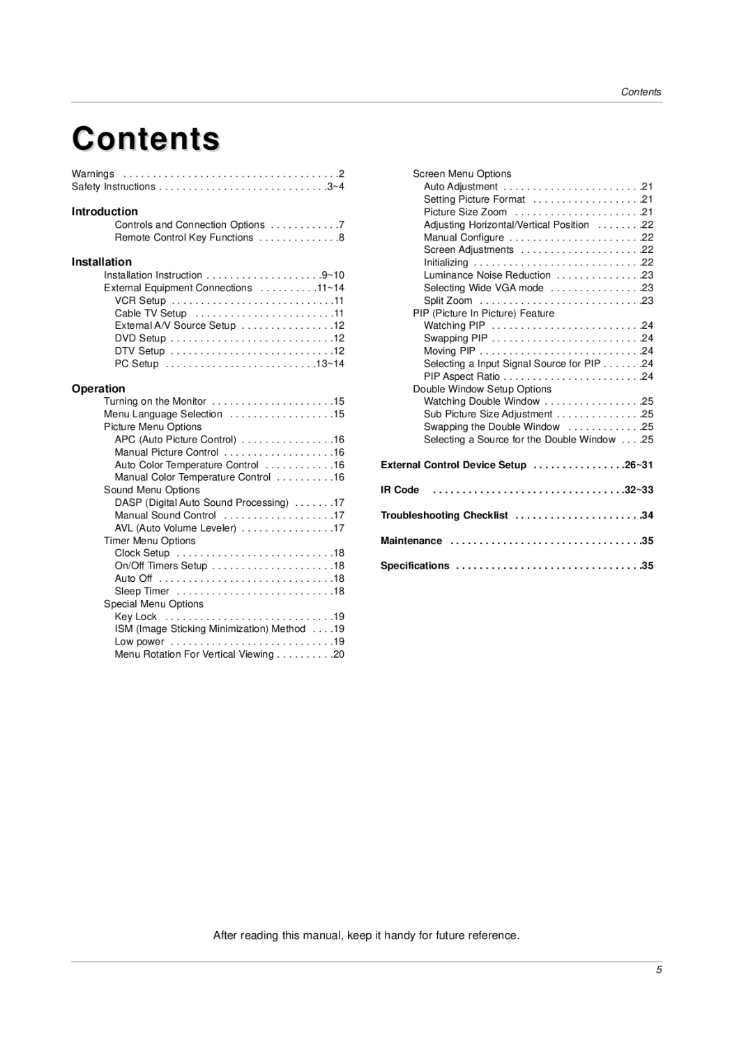 LG Electronics MU-42PZ44VK, MU-42PZ90M, MU-42PZ44VR, MU-42PZ44VA, MU-42PZ44VB, MU-42PZ44VS, MU-42PZ44MS, MU-42PZ44S Contents 