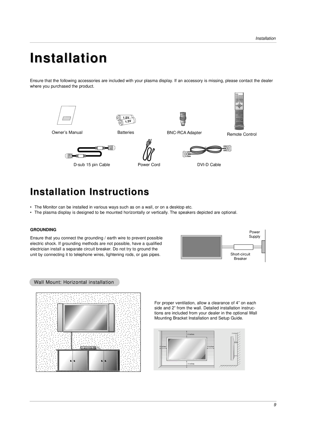 LG Electronics MU-42PZ44S, MU-42PZ90M, MU-42PZ44VR, MU-42PZ44K Installation Instructions, Wall Mount Horizontal installation 