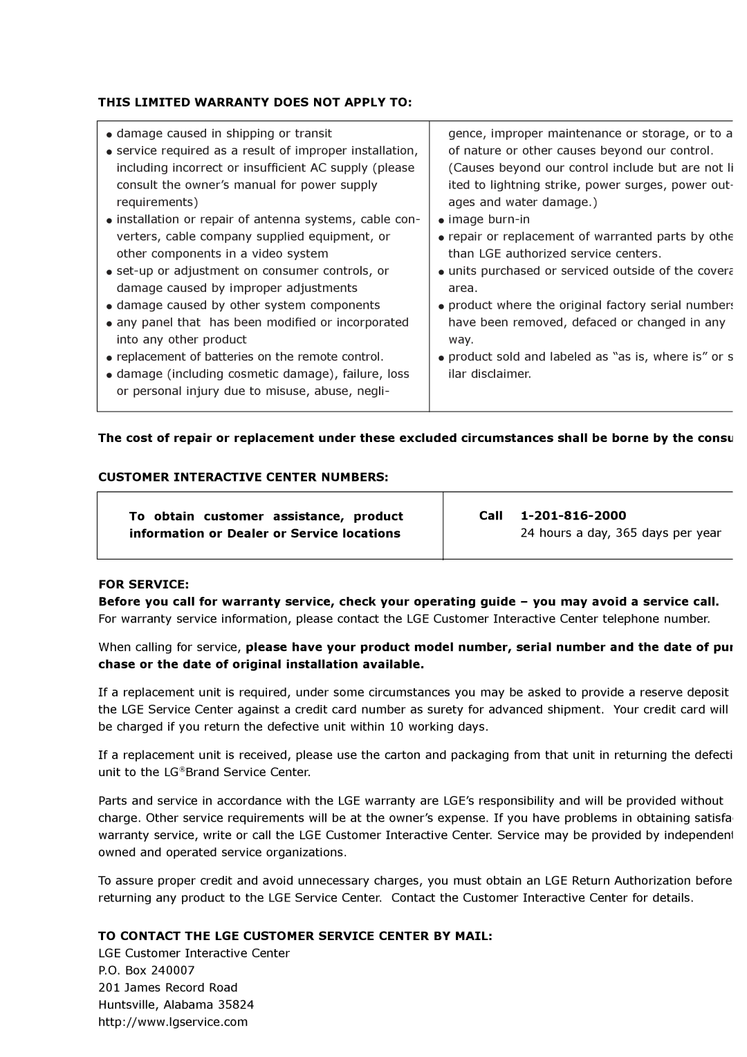 LG Electronics MU-42PZ90V This Limited Warranty does not Apply to, Customer Interactive Center Numbers, For Service 