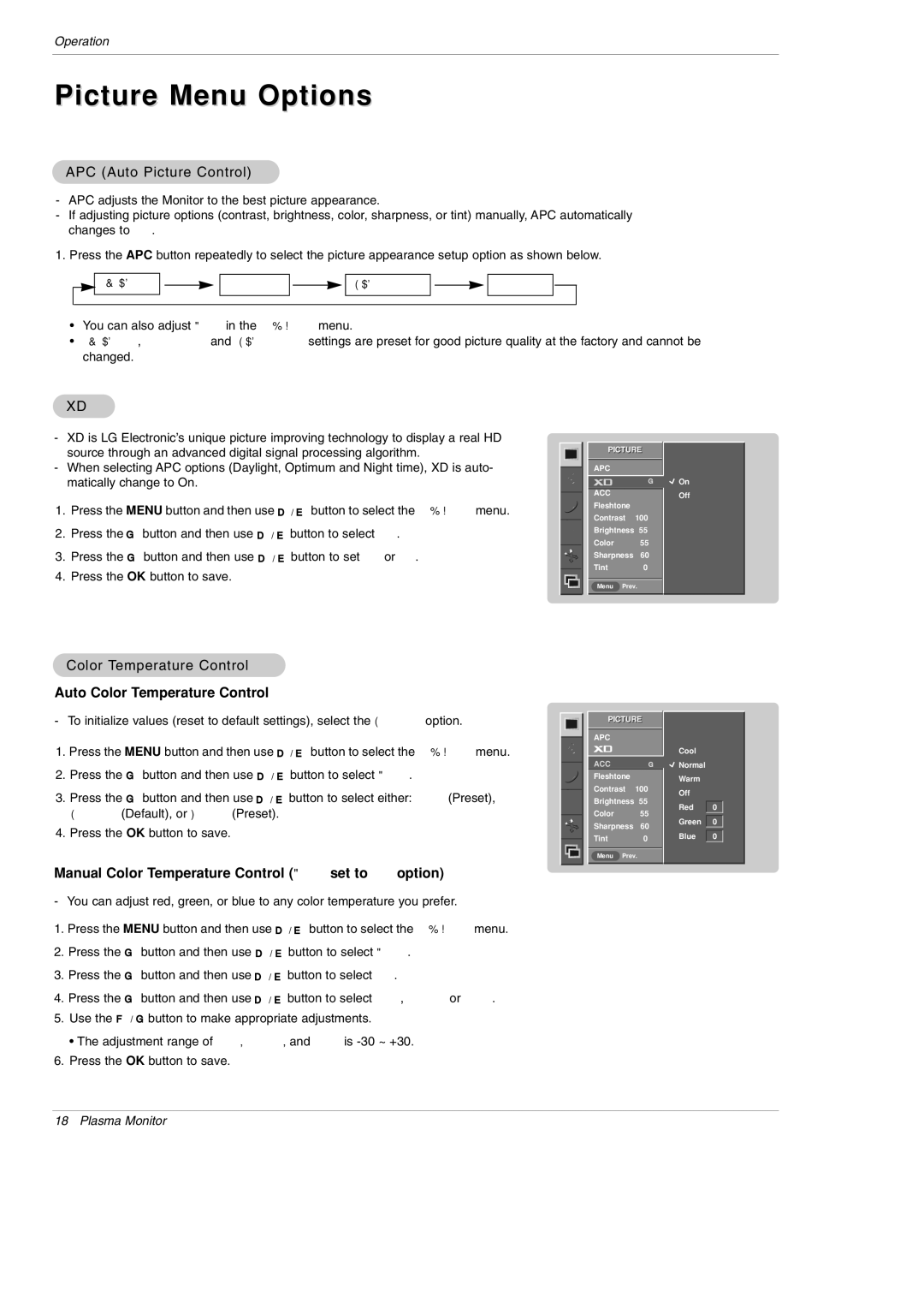 LG Electronics MU-50PM10 owner manual Picture Menu Options, APC Auto Picture Control, Color Temperature Control 