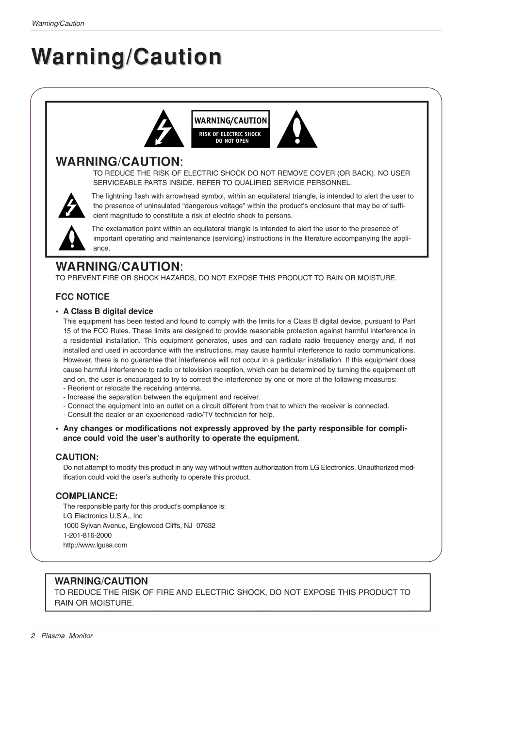 LG Electronics MU-50PM10 owner manual FCC Notice, Class B digital device 