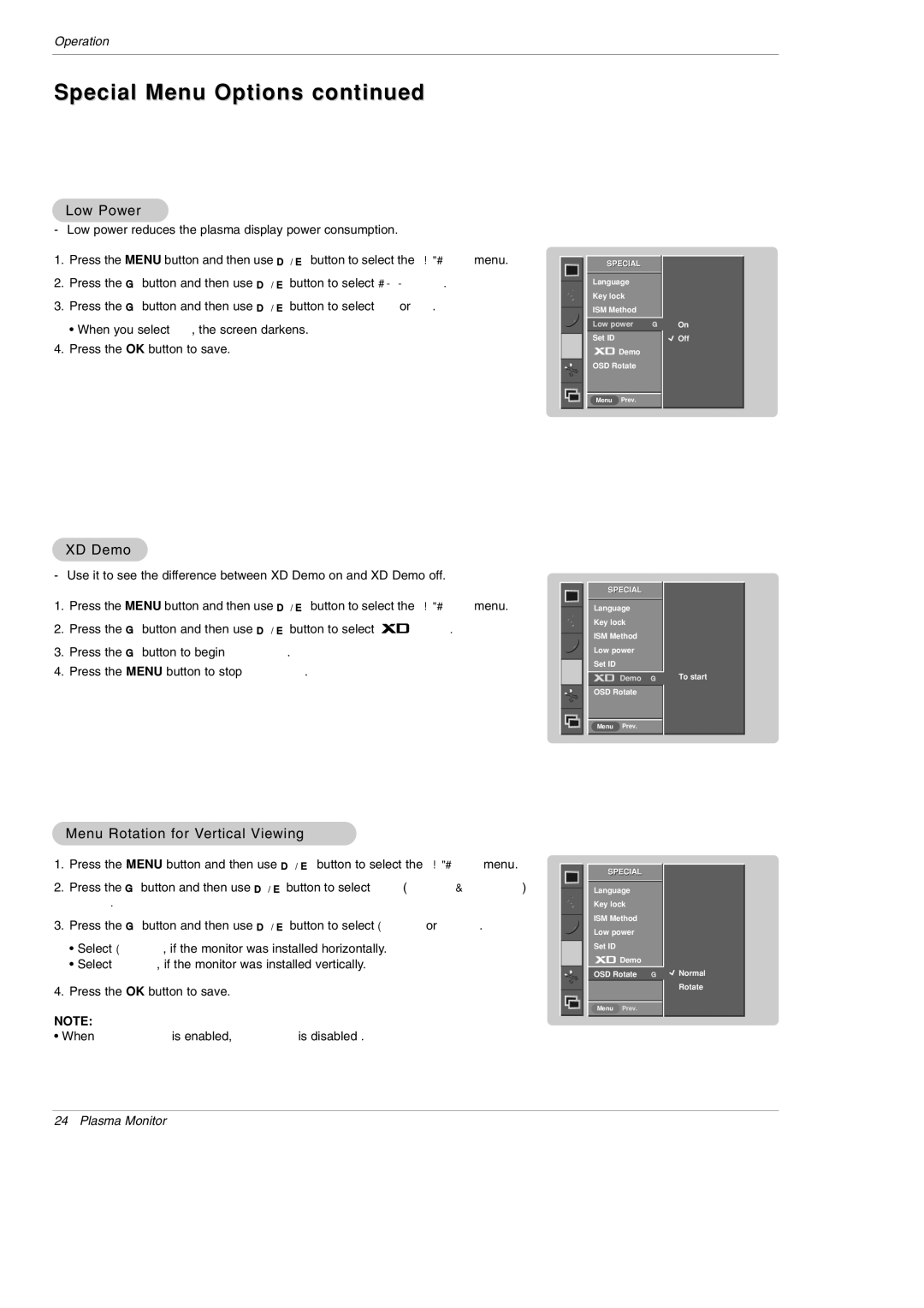 LG Electronics MU-50PM10 owner manual Low Power, XD Demo, Menu Rotation for Vertical Viewing 