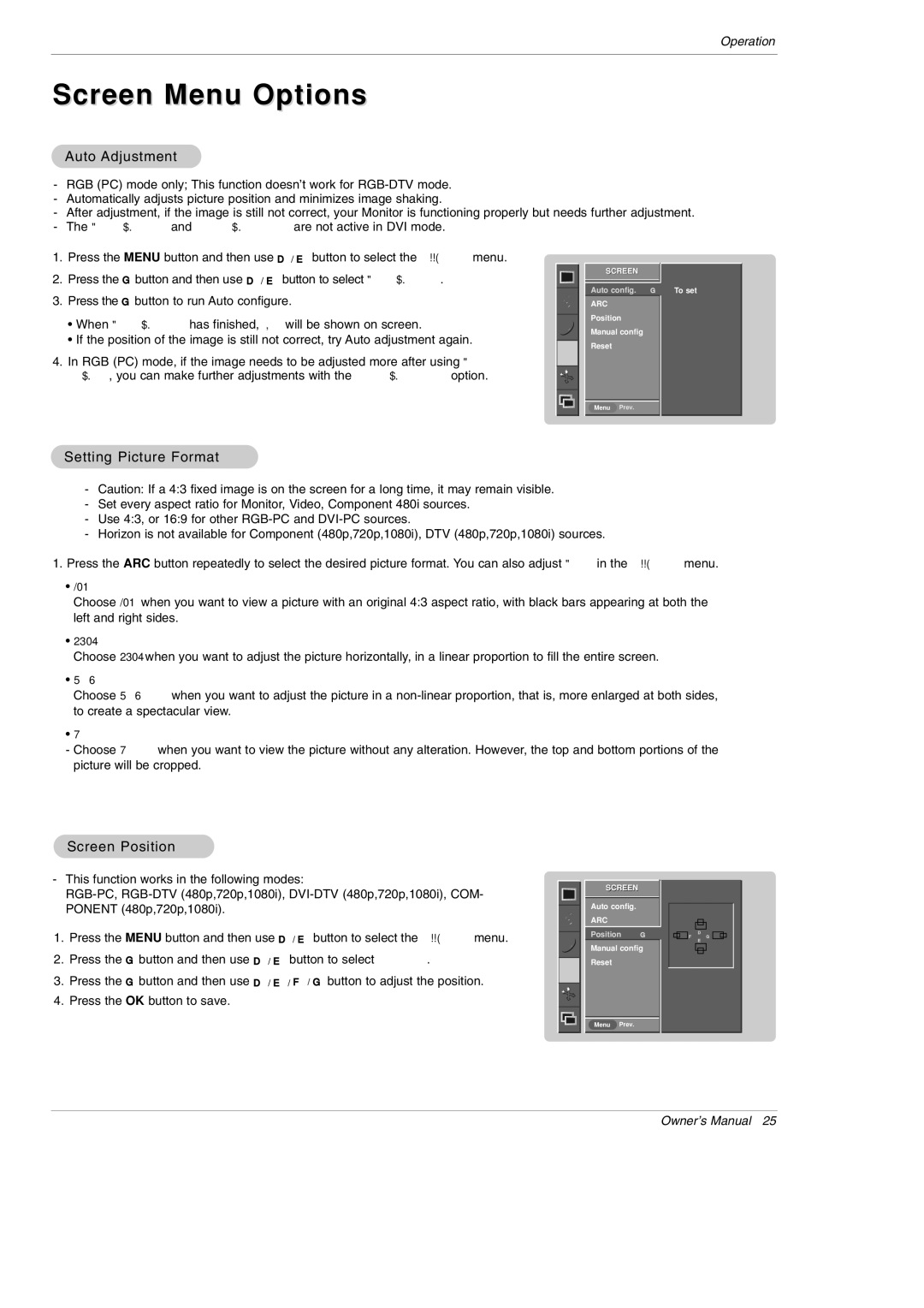 LG Electronics MU-42PM11, MU-42PM12X, MU-42PM20, MU-50PM10, MU-50PM11, MU-50PM20 Screen Menu Options, Auto Adjustment 