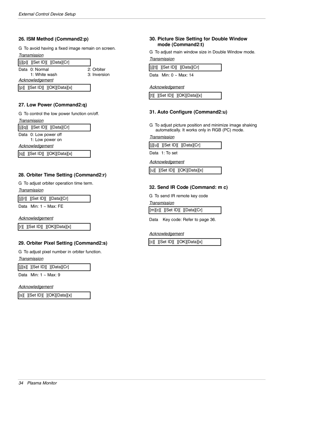 LG Electronics MU-50PM10 owner manual ISM Method Command2p, Low Power Command2q, Orbiter Time Setting Command2r 