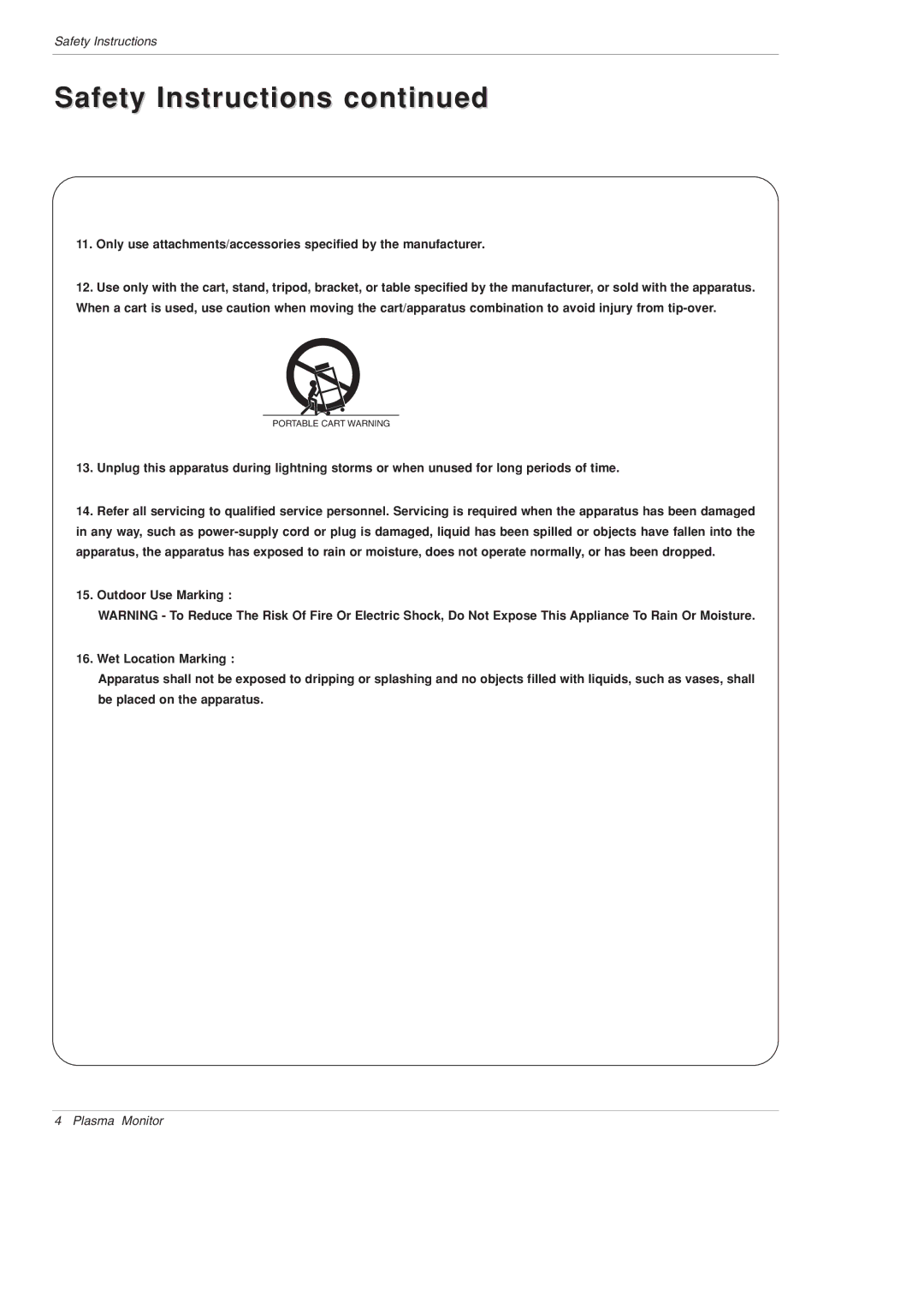 LG Electronics MU-42PM11, MU-42PM12X, MU-42PM20, MU-50PM10, MU-50PM11, MU-50PM20 owner manual Safety Instructions 