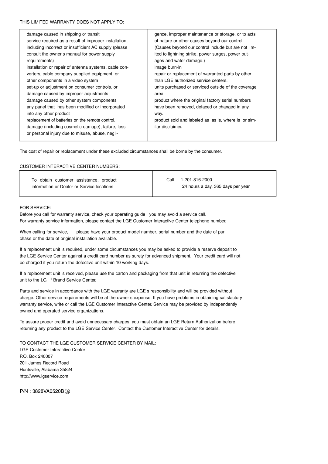 LG Electronics MU-50PM10 owner manual 3828VA0520B a, This Limited Warranty does not Apply to 