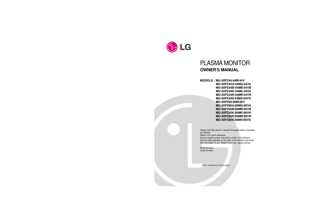 LG Electronics MU-50PZ90, MU-50PZ44VS, MU-50PZ44VK, MU-50PZ44MK, MU-50PZ 44VB, MU-50PZ44VR owner manual Plasma Monitor 