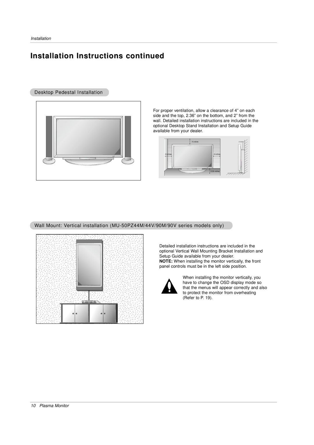 LG Electronics MU-50PZ44S, MU-50PZ90, MU-50PZ44VS, MU-50PZ44VK Installation Instructions, Desktop Pedestal Installation 