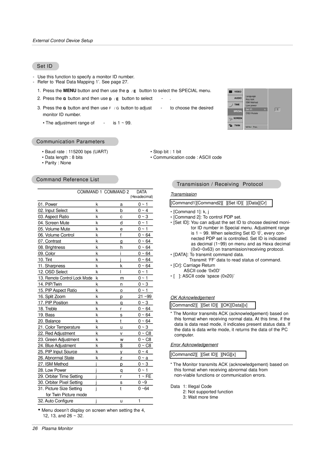 LG Electronics MU-50PZ44MK Set ID, Communication Parameters, Command Reference List, Transmission / Receiving Protocol 