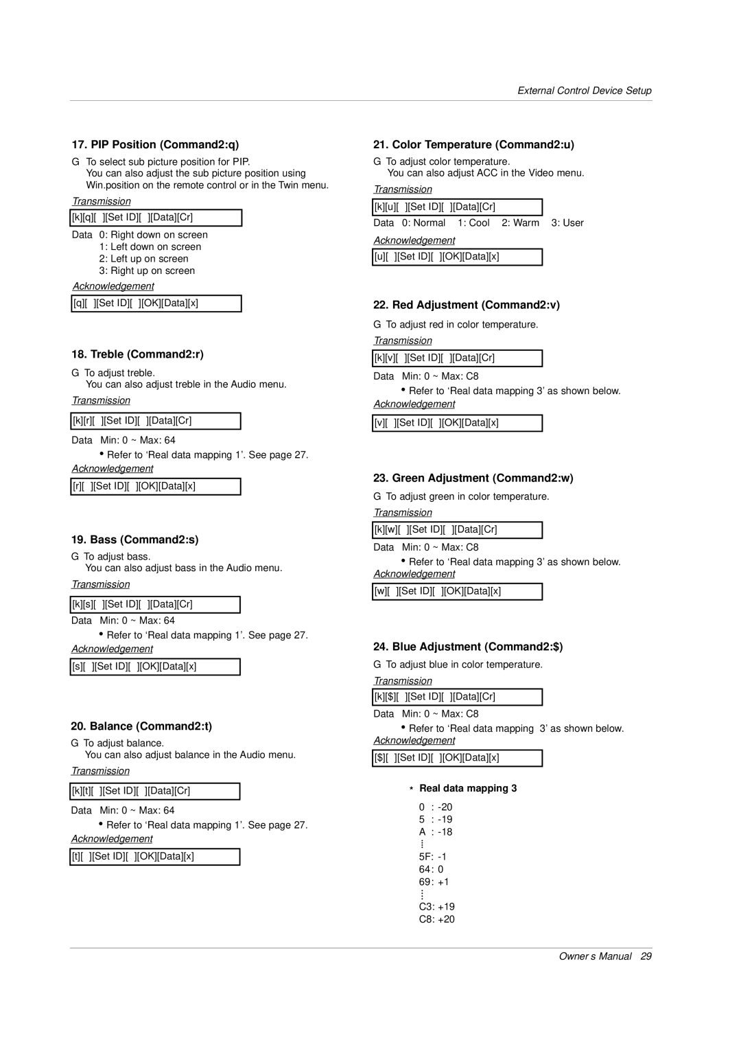 LG Electronics MU-50PZ44, MU-50PZ90 PIP Position Command2q, Treble Command2r, Bass Command2s, Balance Command2t 