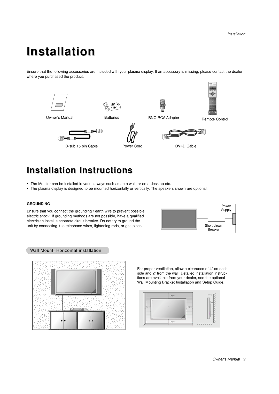 LG Electronics MU-50PZ44MS, MU-50PZ90, MU-50PZ44VS, MU-50PZ44S Installation Instructions, Wall Mount Horizontal installation 