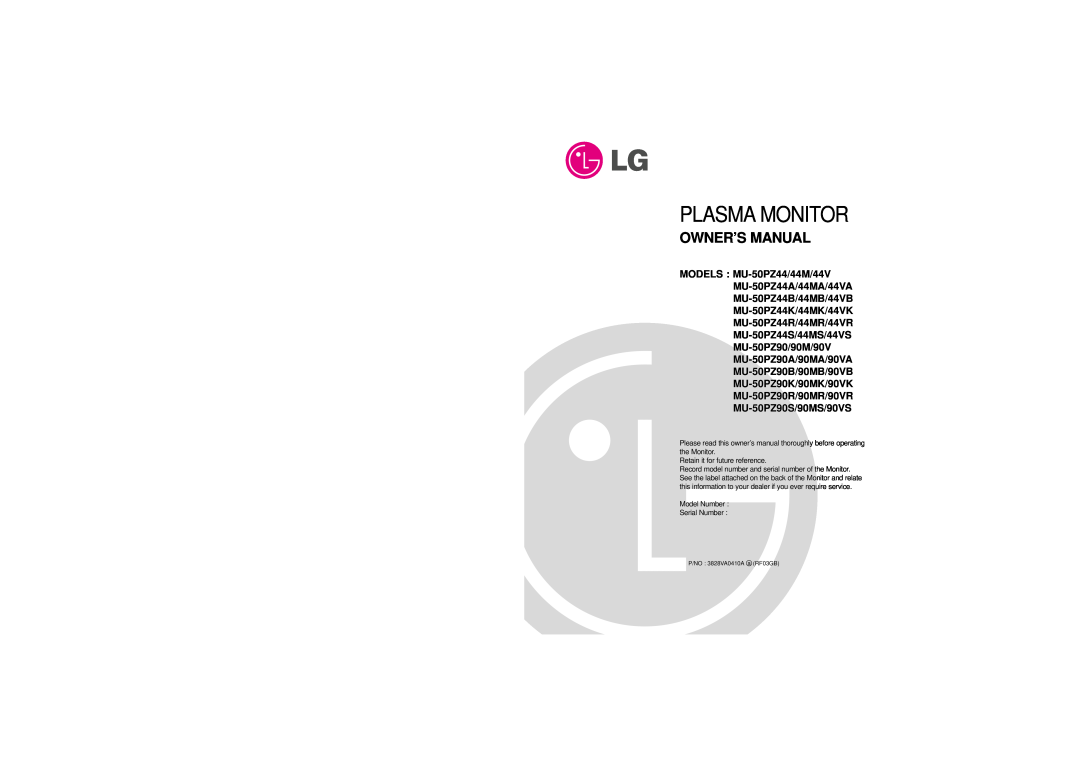 LG Electronics MU-50PZ90, MU-50PZ44VS, MU-50PZ44VK, MU-50PZ44MK, MU-50PZ44S owner manual Plasma Monitor, Owner’S Manual 