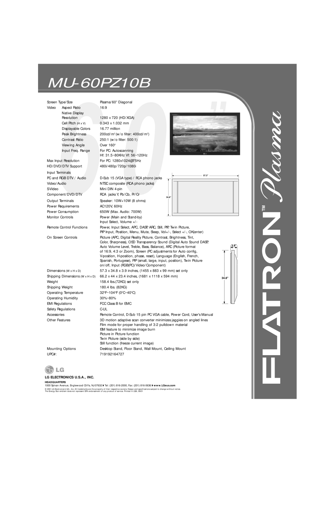 LG Electronics MU-60PZ10B manual Lg Electronics U.S.A., Inc 