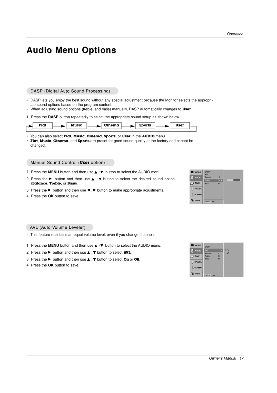 LG Electronics MU-60PZ30, MU-60PZ30A, MU-60PZ30B, MU-60PZ30K Audio Menu Options, Dasp Digital Auto Sound Processing 