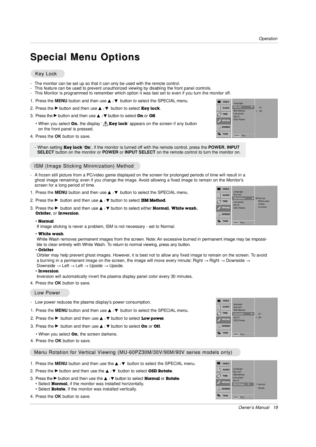 LG Electronics owner manual Special Menu Options, Key Lock, ISM Image Sticking Minimization Method, Low Power 