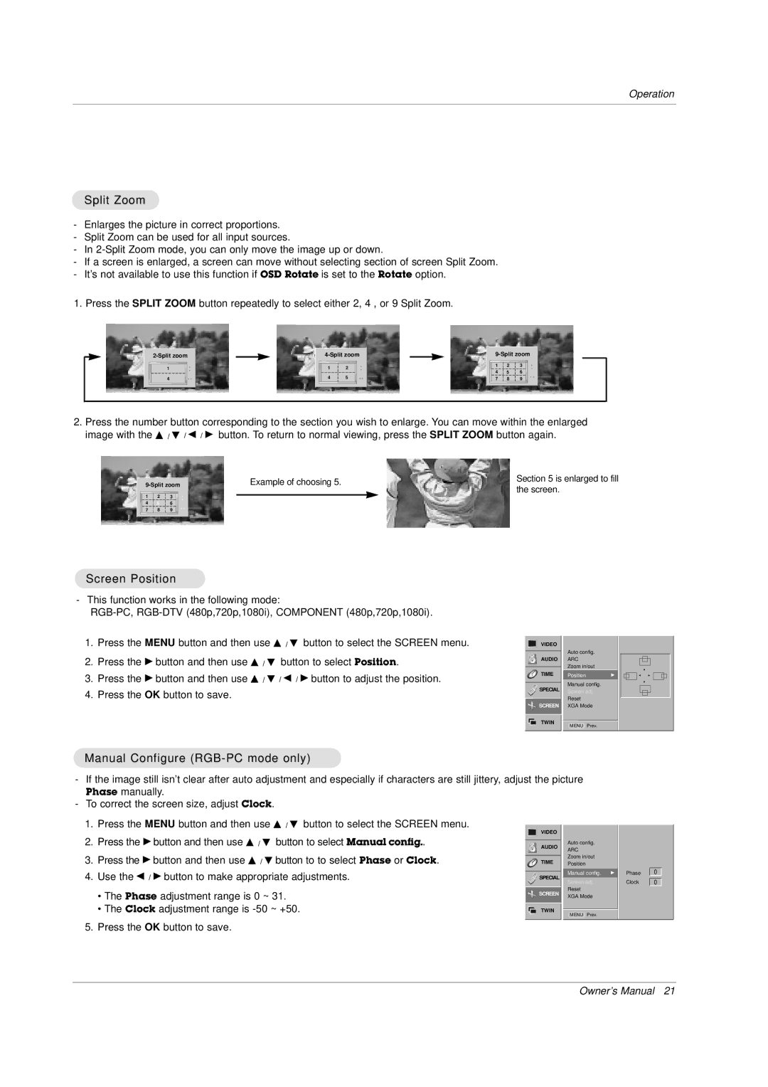 LG Electronics owner manual Split Zoom, Screen Position, Manual Configure RGB-PC mode only 