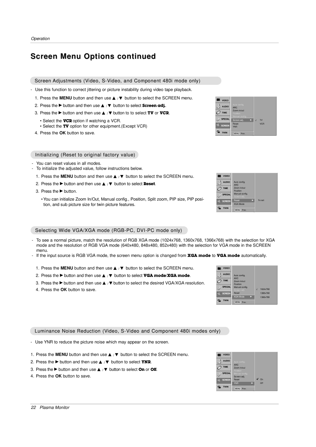 LG Electronics Initializing Reset to original factory value, Selecting Wide VGA/XGA mode RGB-PC, DVI-PC mode only 